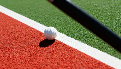 Close-up of a white golf ball on a line between red and green artificial turf. Blurred putter aiming for a shot. Sports and leisure concept