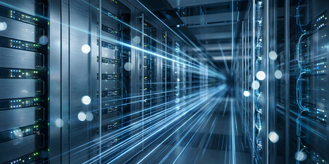 Futuristic data center with blue light trails
