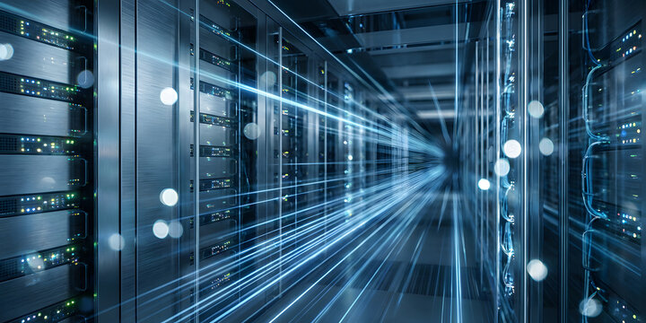 Futuristic data center with blue light trails - Powered by Adobe