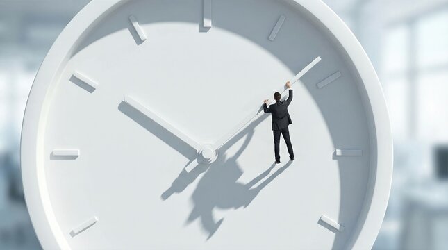 Businessman pushing clock hand on giant white clock. Time management concept for worker holding back minute hand. Deadline and punctuality idea.
