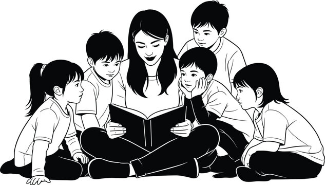 Black and white vector illustration of a female teacher sitting on the floor and reading a book to a group of attentive young children