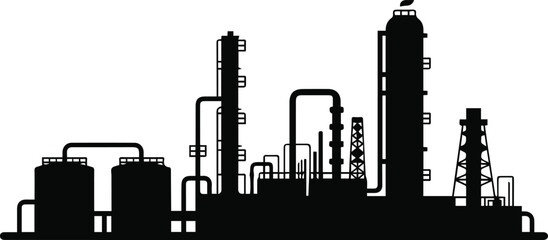 Naklejka premium refinery petrochemical facility silhouette showing tanks and pipes