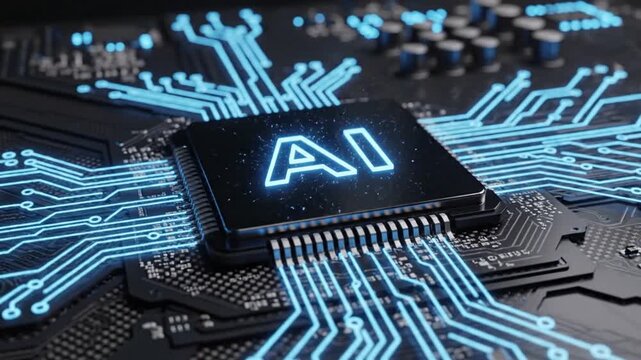 Artificial intelligence chip with glowing blue circuits and AI logo