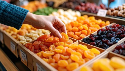 Hand Reaching For Dried Apricots In A Market Stall Display Of Assorted Dried Fruits With Various Colors And Textures