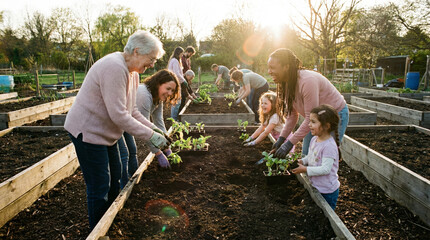 Diverse group of neighbors including seniors and children planting vegetables together in a sunny community garden. Candid wide-angle shot representing sustainability, teamwork, and unity.