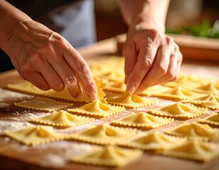Close Up Of Hands Making Fresh Farfalle Pasta On Wooden Board With Flour Dusted Surface And Rolling Pin In Background