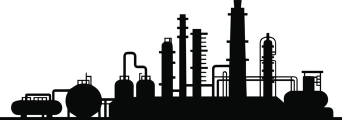 Obraz premium refinery industrial plant silhouette with storage tanks and towers