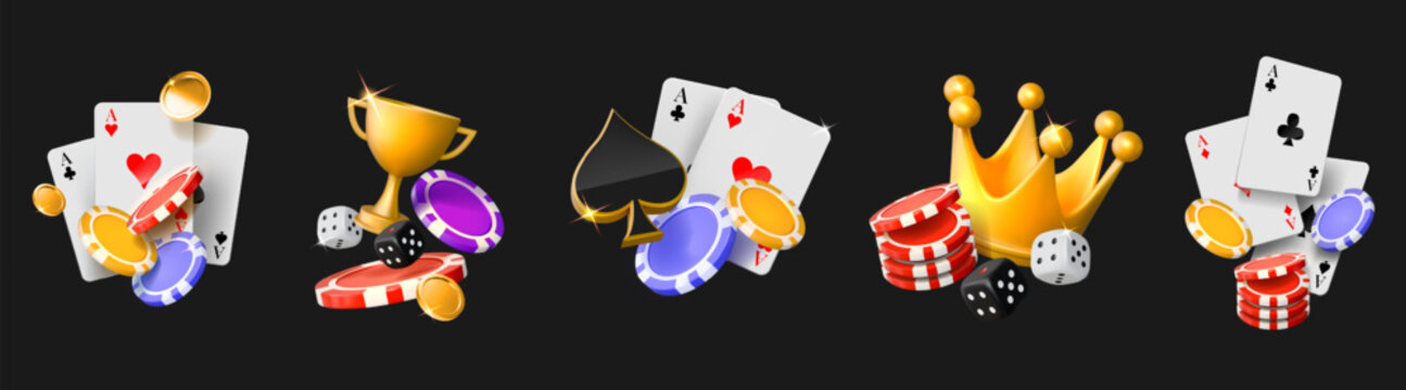 Casino icons. 3d poker chip card, bet or blackjack trophy, gold fortune game crown and winner prize, cubes and token. Flying ui Texas cup and coins, money tournament. Vector logo gambling set