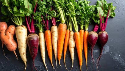 Assorted Root Vegetables Including Carrots Parsnips and Beets Arranged in a Row on a Dark Textured Surface Illuminated by Soft Overhead Lighting