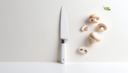 A White Kitchen Knife Rests Beside Fresh Whole and Sliced Mushrooms on a Light Neutral Surface