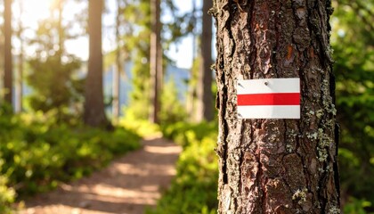 Red and White Trail Marker on Pine Tree Trunk in Sunlit Forest Path with Green Foliage and Distant Hills