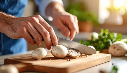 Close Up Of Hands Slicing Fresh White Mushrooms On A Wooden Cutting Board In A Bright Kitchen With Soft Sunlight Illuminating The Scene And Green Herbs In The Background