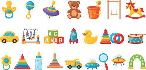Baby toys and kids play items collection set colorful cartoon children flat vector illustration isolated © Sanjida
