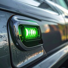 Close Up Of A Sleek Futuristic Car Door Handle With A Vibrant Green Glowing Light And Reflective Metallic Surface In A Modern Design