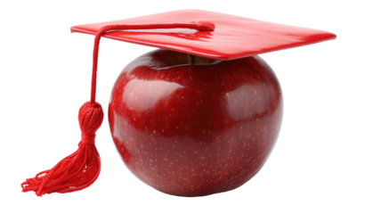 Red apple wearing graduation cap education achievement academic success symbol school learning isolated on white background