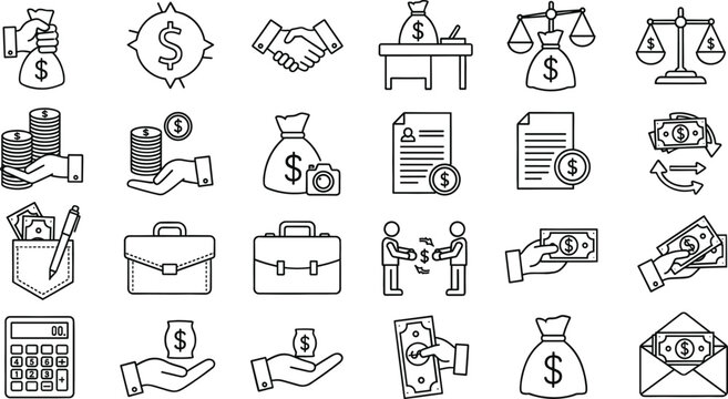Finance and money management line icon set banking payments investment accounting flat vector illustration isolated