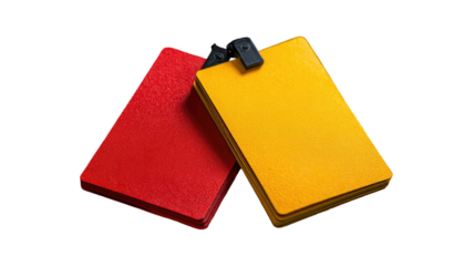 Red and yellow referee cards stacked on green grass football match penalty warning isolated on white background