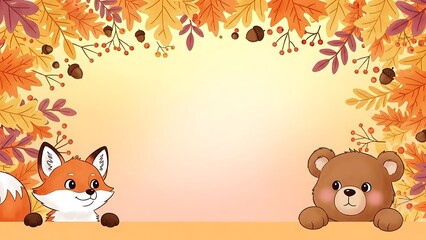 Cute Autumn Animal Background with Fox and Bear, Fall Leaves Frame, Kids Illustration and Warm Pastel Design