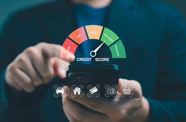 Person checking credit score on smartphone with digital gauge showing good to excellent rating for personal finance management, loan approval, financial risk assessment concept.