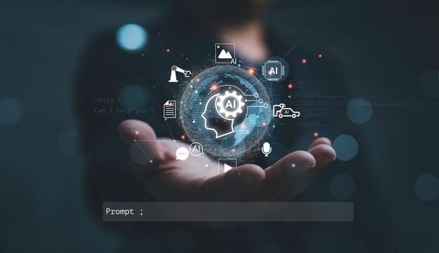 Human hand showing artificial intelligence interface with digital icons represent AI technology include machine learning, automation, data processing and innovation for future business transformation. - Powered by Adobe