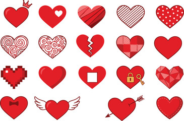 Red heart icons collection illustration, love symbol set, romantic valentine wedding designs, decorative hearts, cute cartoon styles, isolated vector elements