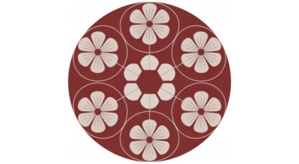 Red and white floral pattern on circular flowers isolated on a transparent background