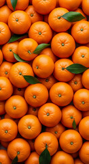 Close-up of numerous orange fruits, arranged tightly together with green leaves interspersed, creating a vibrant and textured surface, showcasing abundance and freshness