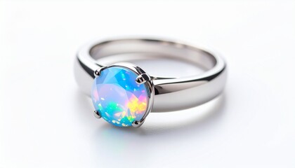 Silver ring with oval opal gemstone displaying multicolor iridescence in prong setting.