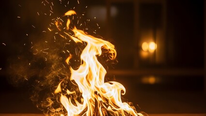 Eternal flame surge rises high in the night setting, casting warm light and shadows in a dark area during evening hours