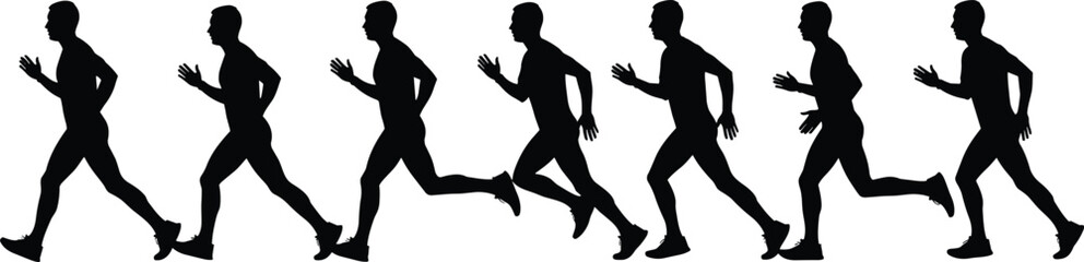 Vector silhouette of a male athlete in a running motion sequence showing different stages of sprinting and jogging isolated on white background for sports design