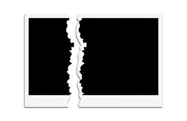 Broken white instant photo frame torn apart on black background isolated on transparent background