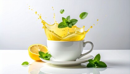 Lemon tea splash in white cup with mint leaves capturing vibrant freshness and motion in culinary style