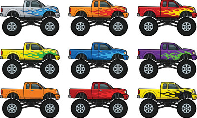 Monster truck pickup set vector illustration, colorful off road vehicles with flame decals, lifted suspension, racing car collection © Ashik Creatives