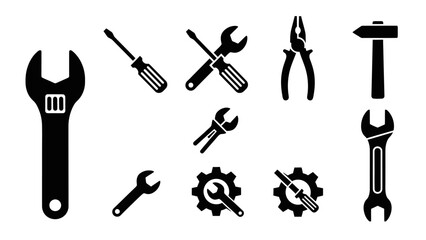 Obraz premium Tools and equipment icons for repair, maintenance, and construction, black and white vector set