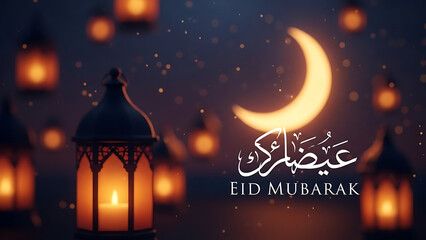 Eid Mubarak celebration with glowing lanterns and crescent moon