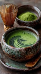 Perfectly whipped, earthy matcha tea flows in a handmade basin. Its vivid green color offers a revitalizing and nutritious experience. Zen in a cup for a time.