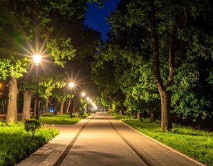 Obraz premium A peaceful path in a park, lined with trees and lampposts, illuminated by streetlights, under a dark, starry sky