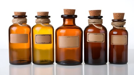 Collection of five amber glass apothecary bottles with cork stoppers and blank labels