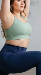 Fototapeta premium Close-up of woman in sage green sports bra and navy leggings, performing yoga pose, showcasing healthy lifestyle and fitness