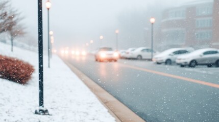 Snowfall in a residential area with cars driving along the road during winter