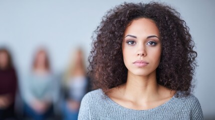Woman with curly hair sits in front of a group of people in discussion