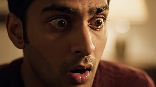 Close-up of a man with wide eyes and an expression of shock.