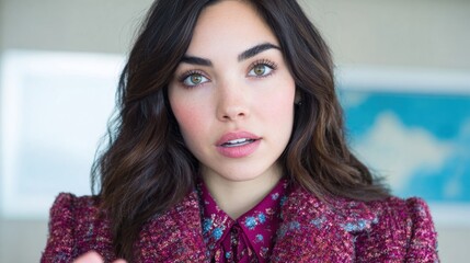 Woman with dark hair speaks during a discussion in bright room