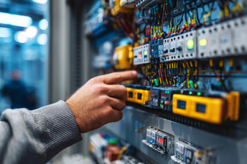 Engineer adjusts control panel settings for a motorized gate that is currently in motion at a facility during the day. The engineer focuses on the task at hand