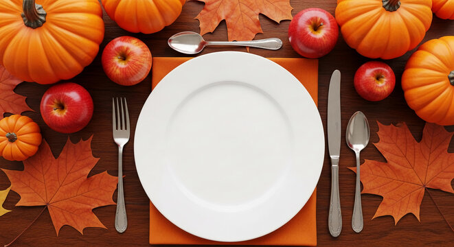 Overhead view of autumnal table setting: white plate, silverware, orange napkin, pumpkins, apples, maple leaves on wooden surface Mockup for Thanksgiving or fall menu