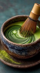 Perfectly whipped, earthy matcha tea flows in a handmade basin. Its vivid green color offers a revitalizing and nutritious experience. Zen in a cup for a time.