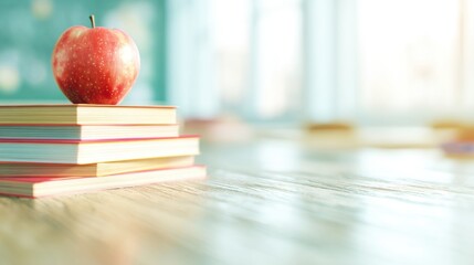 Books and apple on table in classroom during daylight hours