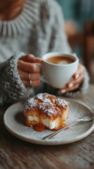 A close-up of a woman in a caf&eacute; enjoying coffee and cake