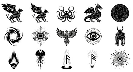 Fototapeta premium Collection of various fantasy creature icons.