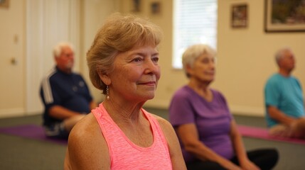 Older adults practice yoga in a class setting during a morning session